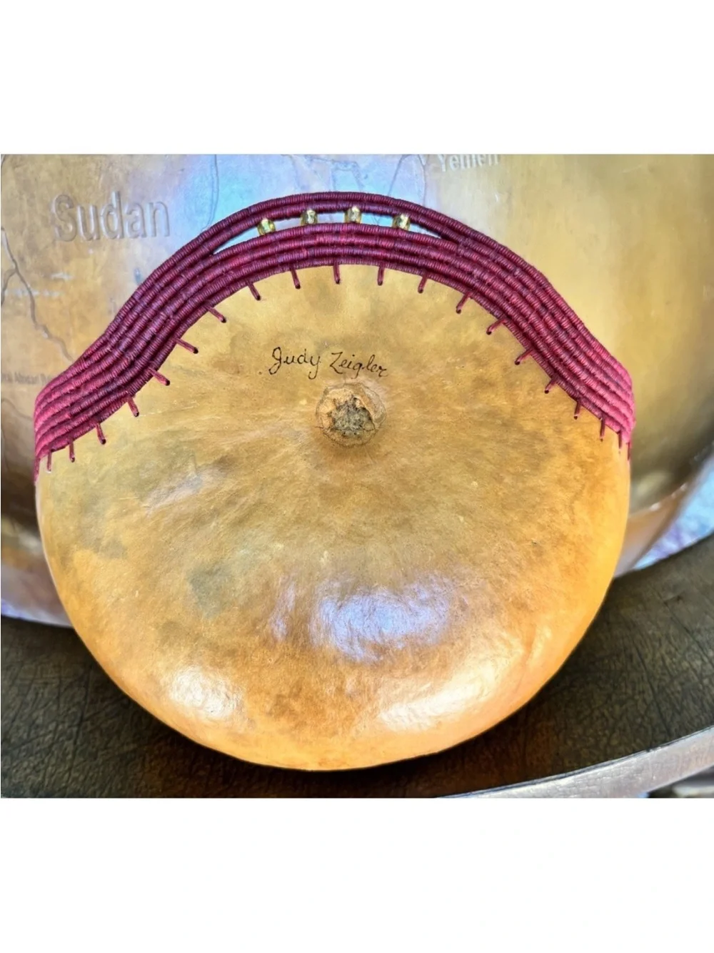 Judy Zeigler Handmade Gourd Artisan Basket Red Brown Hand Painted Beads